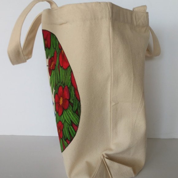 Handmade Painted Tote Bag Blue & Gold Hummingbird in Red Flowers 13.5x13.5x3.5 - Picture 13 of 16